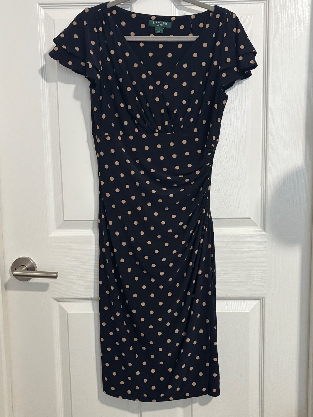 Lauren Ralph Lauren Women’s 8 Navy Beige Polka Dot Ruched Midi Dress V Neck
